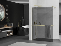 Mexen Kioto+ Walk-in Shower Wall with Shelf 140 x 200 cm, Graphite, Brushed Gold - 800-140-121-55-40