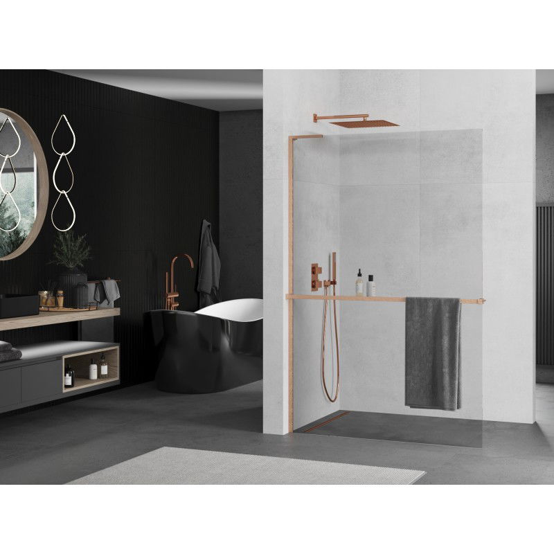 Mexen Kioto+ L walk-in shower wall with shelf 115 x 200 cm, transparent, brushed copper - 800-115-123-65-00