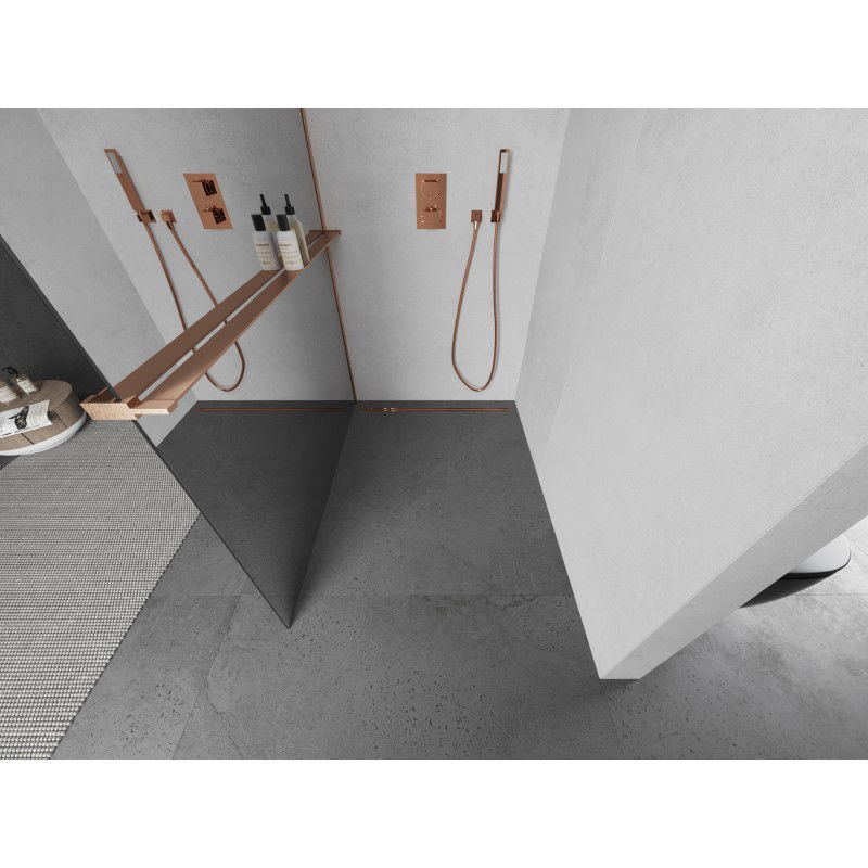 Mexen Kioto+ Walk-in Shower Wall with Shelf 120 x 200 cm, Mirror, Brushed Copper - 800-120-121-65-50