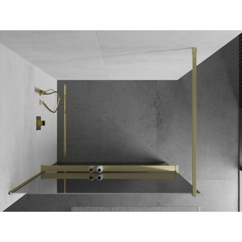 Mexen Kioto+ shower wall with Walk-in shelf 140 x 200 cm, mirror, brushed gold - 800-140-121-55-50