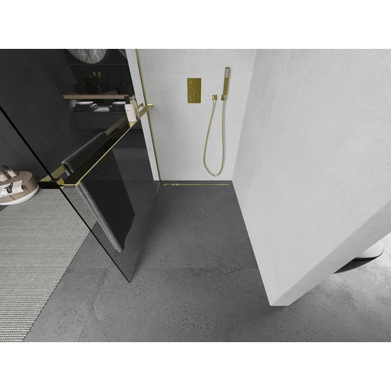 Mexen Kioto+ L Shower Wall with Shelf Walk-in 90 x 200 cm, Transparent, Gold - 800-090-123-50-00
