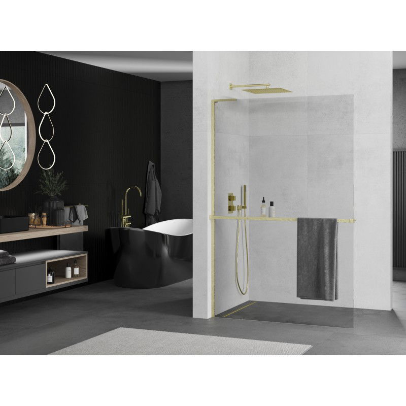 Mexen Kioto+ L Shower Screen with Shelf Walk-in 60 x 200 cm, Transparent, Brushed Gold - 800-060-123-55-00