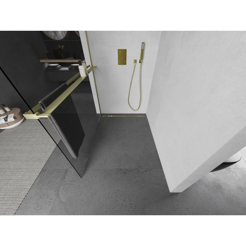 Mexen Kioto+ L shower panel with shelf Walk-in 110 x 200 cm, transparent, brushed gold - 800-110-123-55-00