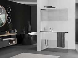 Mexen Kioto+ L shower panel with shelf Walk-in 90 x 200 cm, clear/frosted, black - 800-090-123-70-35