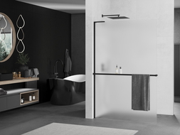 Mexen Kioto+ L Walk-in Shower Wall with Shelf 100 x 200 cm, Frosted, Black - 800-100-123-70-30