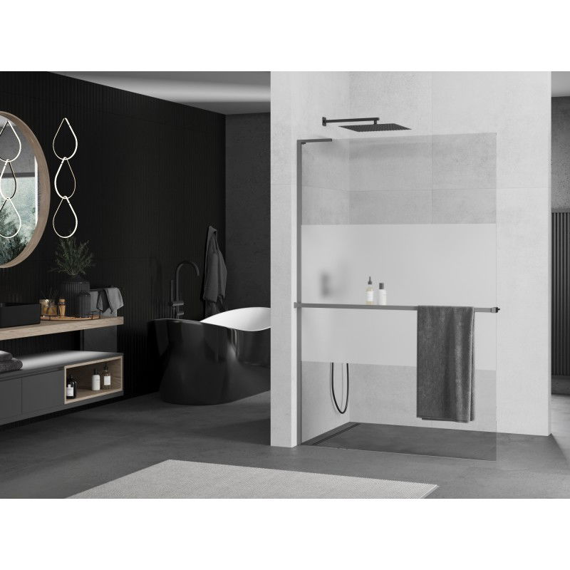 Mexen Kioto+ L shower wall with shelf Walk-in 120 x 200 cm, transparent/frost, gun metal - 800-120-123-95-35