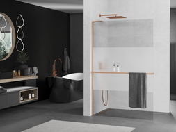 Mexen Kioto+ L shower wall with shelf Walk-in 90 x 200 cm, clear/frosted, brushed copper - 800-090-123-65-35