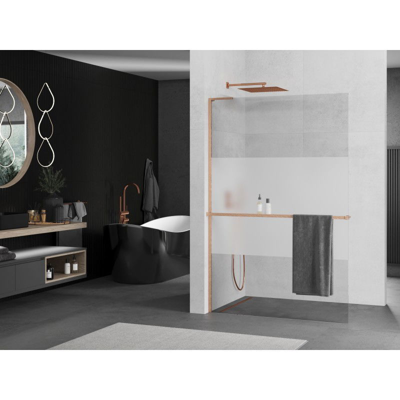 Mexen Kioto+ L shower wall with shelf Walk-in 120 x 200 cm, transparent/frosted, brushed copper - 800-120-123-65-35