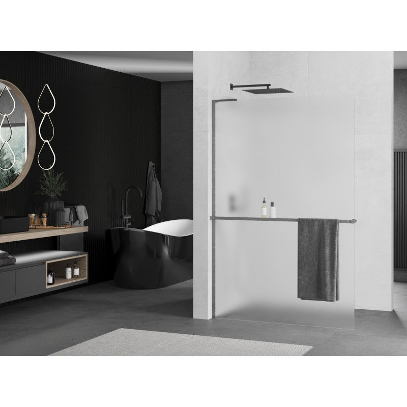 Mexen Kioto+ L Shower Wall with Shelf Walk-in 100 x 200 cm, Frosted, Brushed Gun Gray - 800-100-123-66-30