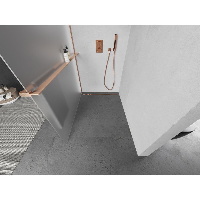 Mexen Kioto+ L Shower Screen with Shelf Walk-in 100 x 200 cm, Frosted, Brushed Copper - 800-100-123-65-30