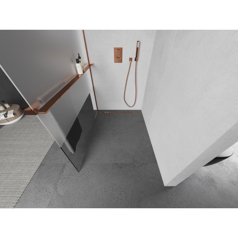 Mexen Kioto+ L shower wall with Walk-in shelf 90 x 200 cm, transparent/frosted, rose gold - 800-090-123-60-35