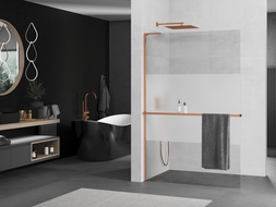 Mexen Kioto+ L Shower Wall with Shelf Walk-in 100 x 200 cm, Transparent/Frosted, Rose Gold - 800-100-123-60-35