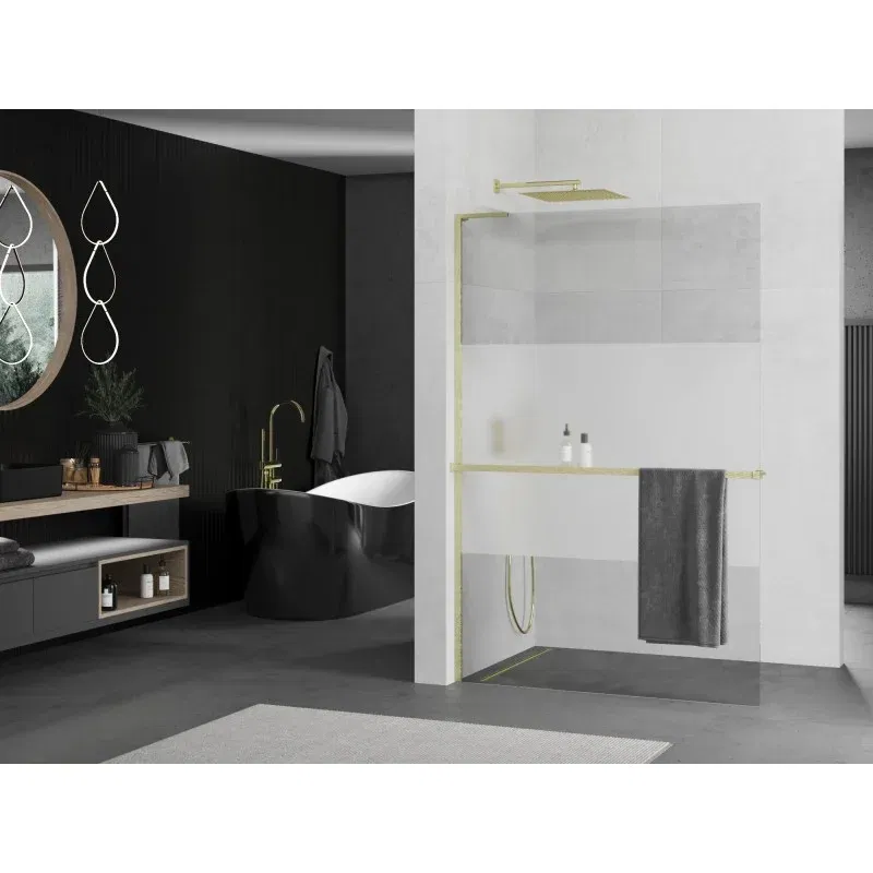 Mexen Kioto+ L shower wall with shelf Walk-in 90 x 200 cm, transparent/frosted, brushed gold - 800-090-123-55-35