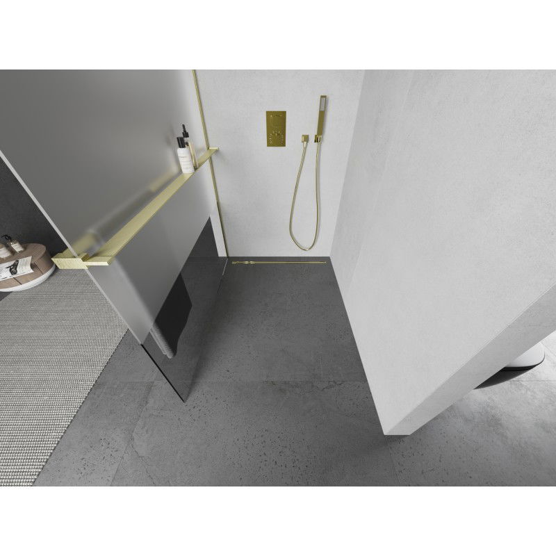 Mexen Kioto+ L shower wall with shelf Walk-in 110 x 200 cm, transparent/frosted, brushed gold - 800-110-123-55-35