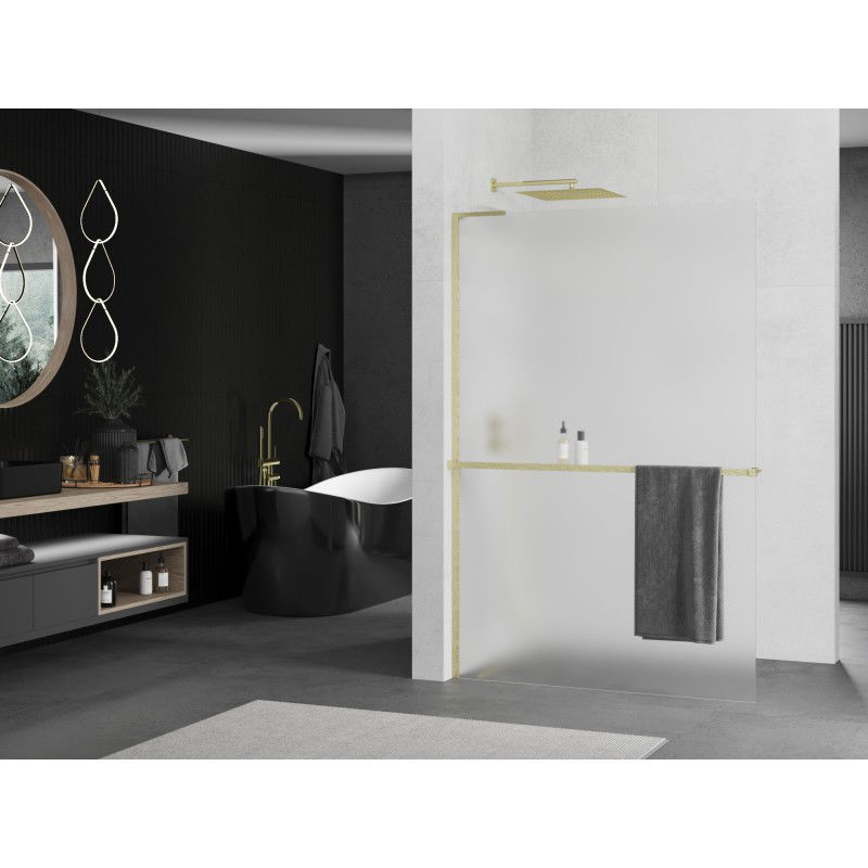 Mexen Kioto+ L Shower Screen with Shelf Walk-in 120 x 200 cm, Frosted, Brushed Gold - 800-120-123-55-30