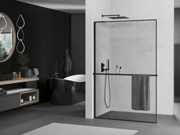Mexen Kioto+ L Shower Wall with Shelf Walk-in 110 x 200 cm, Black Frame, Black - 800-110-123-70-70