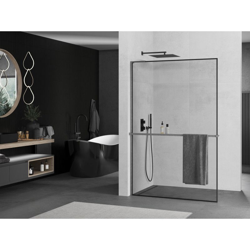 Mexen Kioto+ L Shower Screen with Shelf Walk-in 110 x 200 cm, Black Frame, Brushed Gun Gray - 800-110-123-66-70