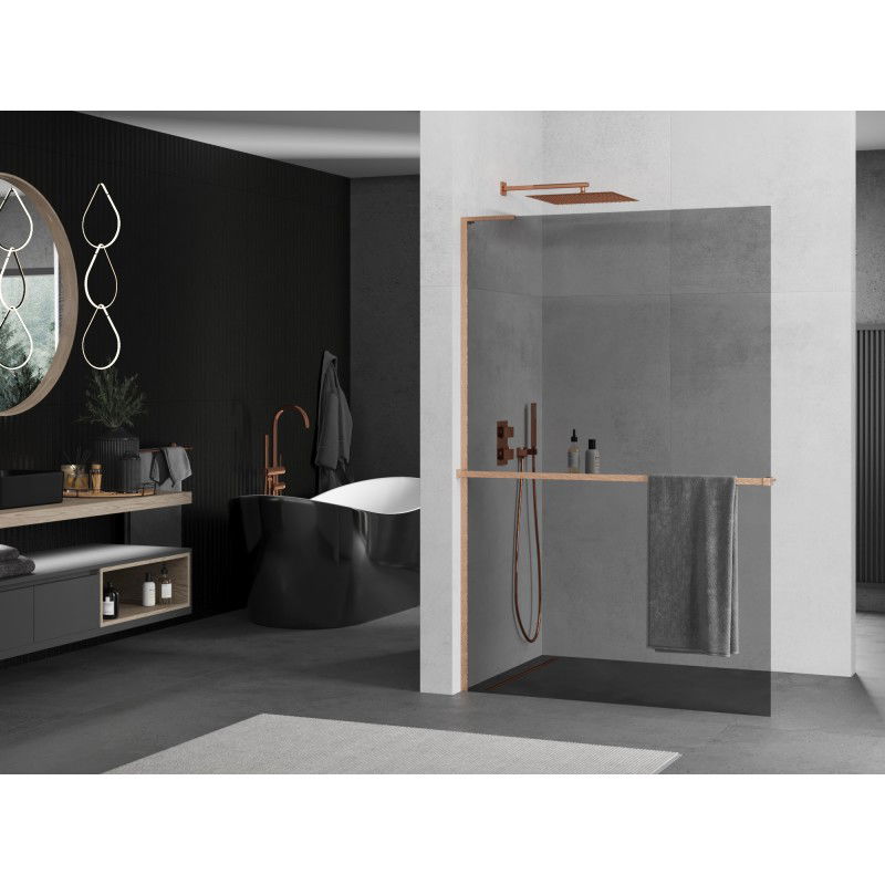 Mexen Kioto+ L shower wall with shelf Walk-in 70 x 200 cm, graphite, brushed copper - 800-070-123-65-40