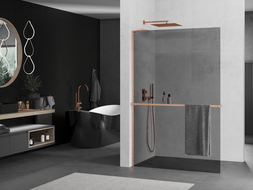 Mexen Kioto+ L Walk-in Shower Panel with Shelf 120 x 200 cm, Graphite, Brushed Copper - 800-120-123-65-40