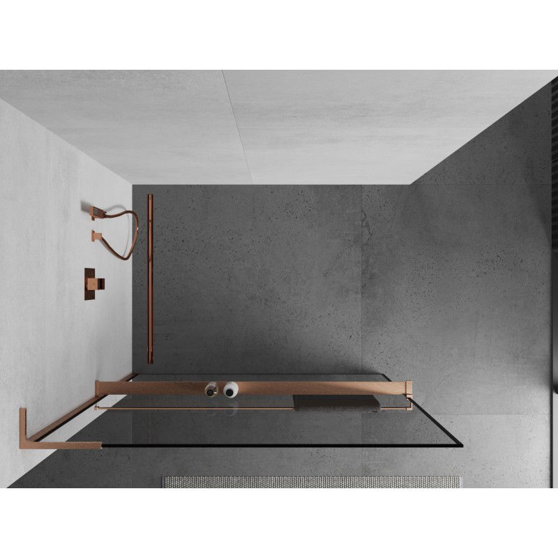 Mexen Kioto+ L shower screen with Walk-in shelf 60 x 200 cm, black frame, brushed copper - 800-060-123-65-70