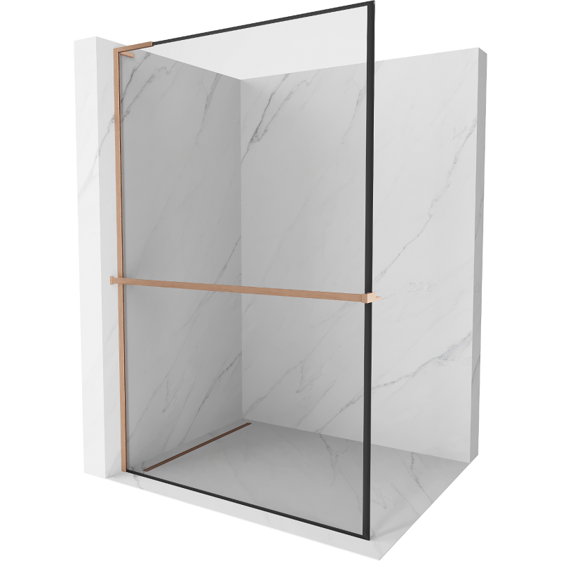 Mexen Kioto+ L shower wall with Walk-in shelf 90 x 200 cm, black frame, brushed copper - 800-090-123-65-70