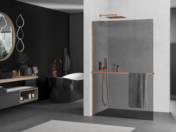 Mexen Kioto+ L Shower Wall with Shelf Walk-in 100 x 200 cm, Graphite, Rose Gold - 800-100-123-60-40