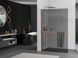 Mexen Kioto+ L shower wall with Walk-in shelf 110 x 200 cm, graphite, rose gold - 800-110-123-60-40