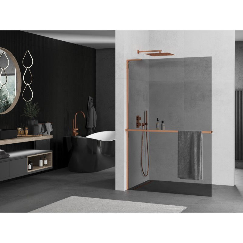 Mexen Kioto+ L shower wall with Walk-in shelf 120 x 200 cm, graphite, rose gold - 800-120-123-60-40