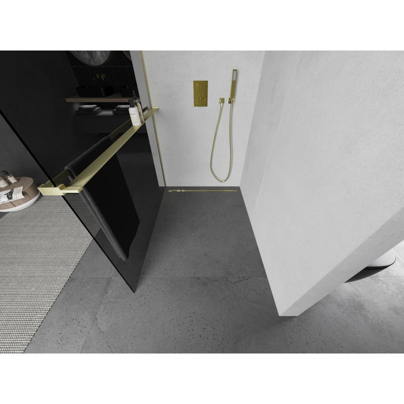Mexen Kioto+ L shower wall with shelf, Walk-in 70 x 200 cm, graphite, brushed gold - 800-070-123-55-40