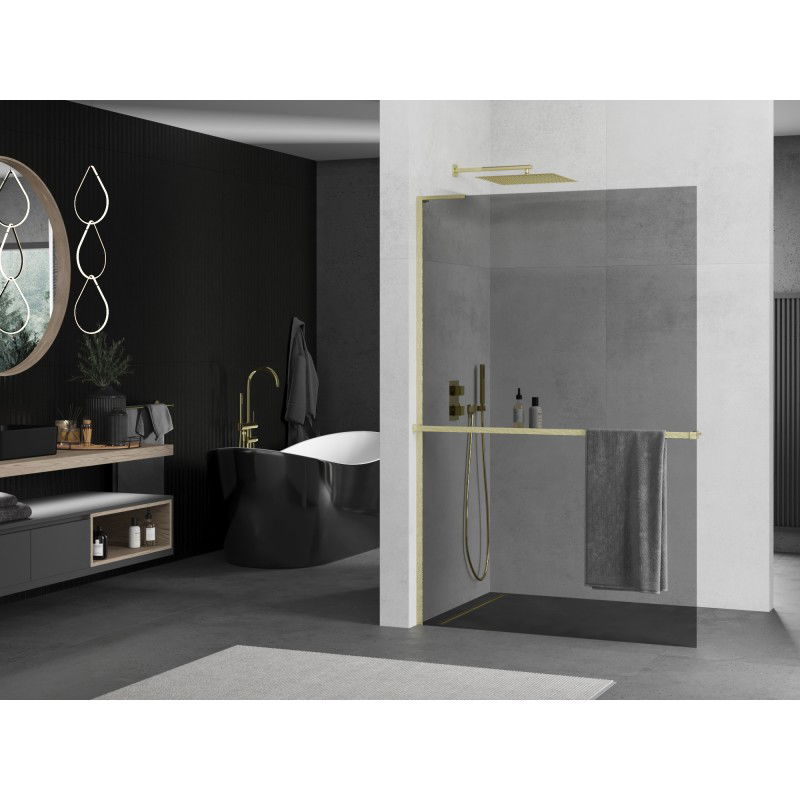 Mexen Kioto+ L shower wall with shelf, Walk-in 70 x 200 cm, graphite, brushed gold - 800-070-123-55-40