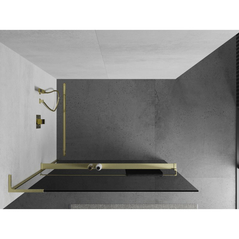 Mexen Kioto+ L Shower Wall with Shelf Walk-in 90 x 200 cm, Graphite, Brushed Gold - 800-090-123-55-40
