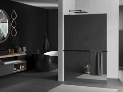 Mexen Kioto+ L Shower Wall with Walk-in Shelf 110 x 200 cm, Mirror, Black - 800-110-123-70-50
