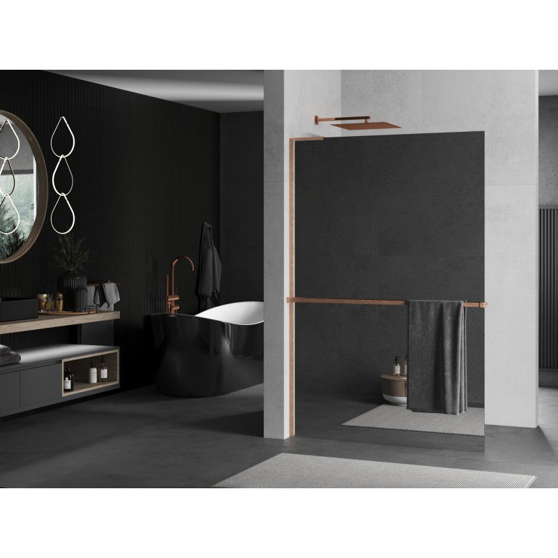 Mexen Kioto+ L Shower Wall with Shelf Walk-in 100 x 200 cm, Mirror, Brushed Copper - 800-100-123-65-50