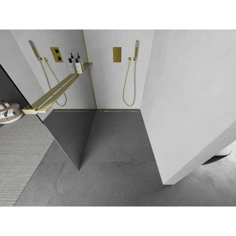Mexen Kioto+ L Shower Wall with Shelf Walk-in 80 x 200 cm, Mirror, Brushed Gold - 800-080-123-55-50