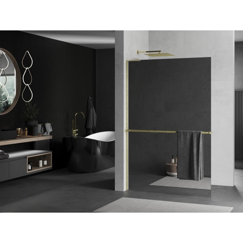 Mexen Kioto+ L Shower Wall with Shelf Walk-in 80 x 200 cm, Mirror, Brushed Gold - 800-080-123-55-50