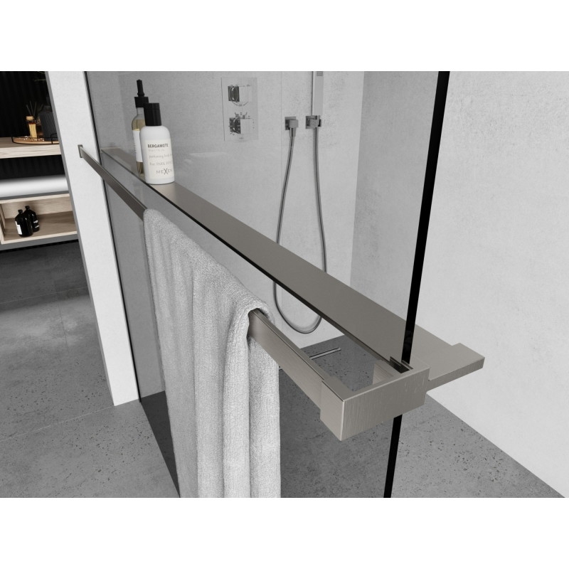 Mexen Kioto+ shelf for a shower partition with a towel rail, brushed nickel - 800-02-97