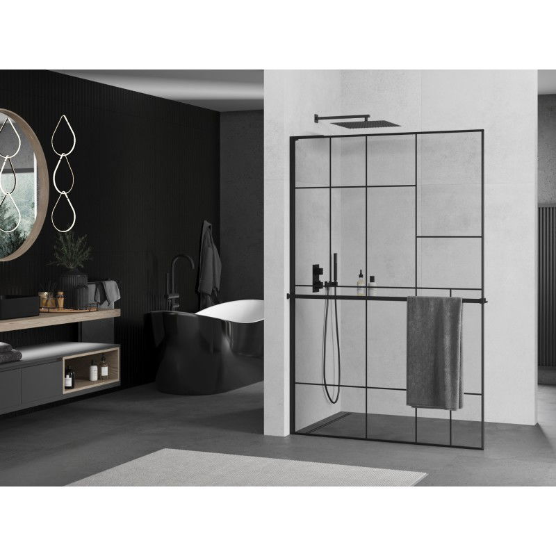 Mexen Kioto+ L shower screen with Walk-in shelf 100 x 200 cm, black pattern, black - 800-100-123-70-78