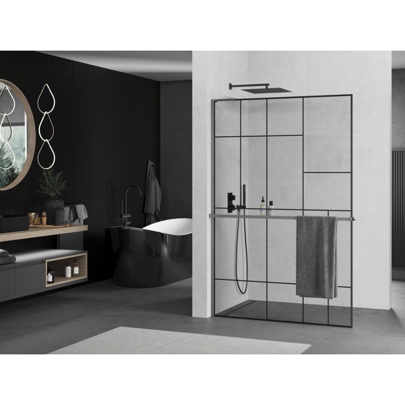 Mexen Kioto+ L Shower Screen with Shelf Walk-in 80 x 200 cm, Black Pattern, Brushed Gun Gray - 800-080-123-66-78