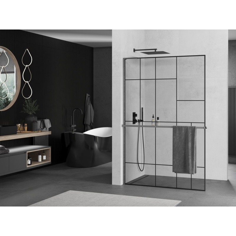 Mexen Kioto+ L shower wall with shelf Walk-in 100 x 200 cm, black pattern, gun gray brushed - 800-100-123-66-78