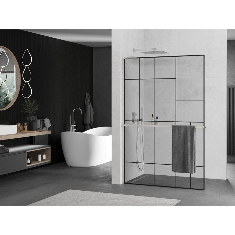 Mexen Kioto+ L Shower Panel with Shelf Walk-in 90 x 200 cm, Black Pattern, Brushed Nickel - 800-090-123-97-78
