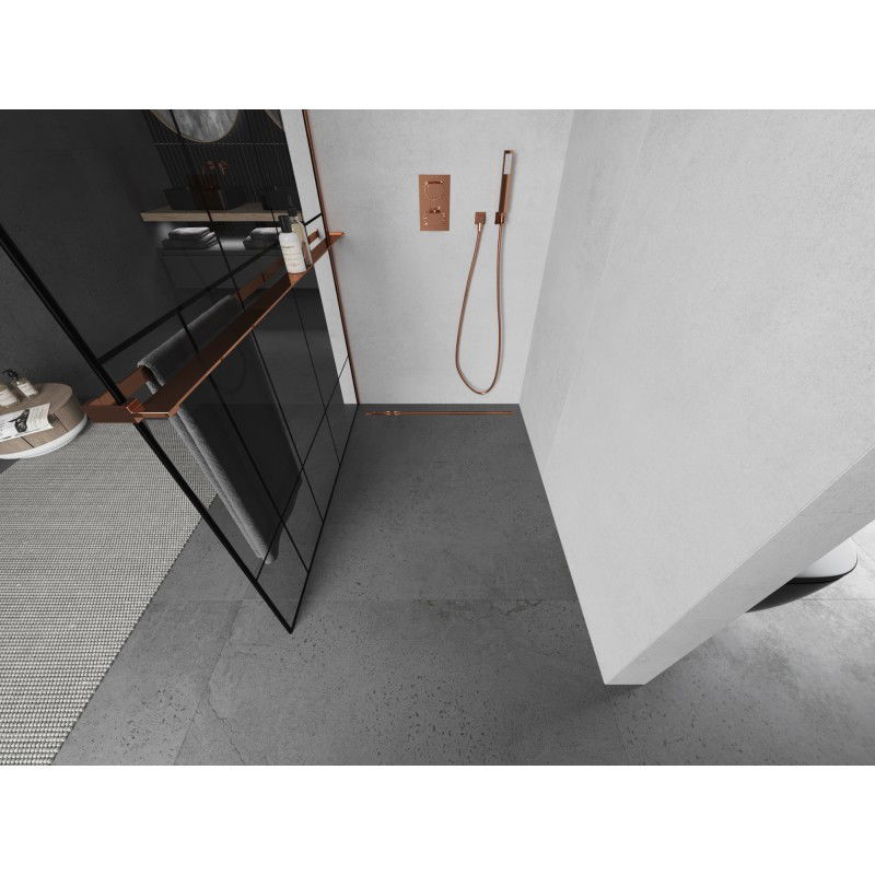 Mexen Kioto+ L shower wall with shelf Walk-in 90 x 200 cm, black pattern, rose gold - 800-090-123-60-78