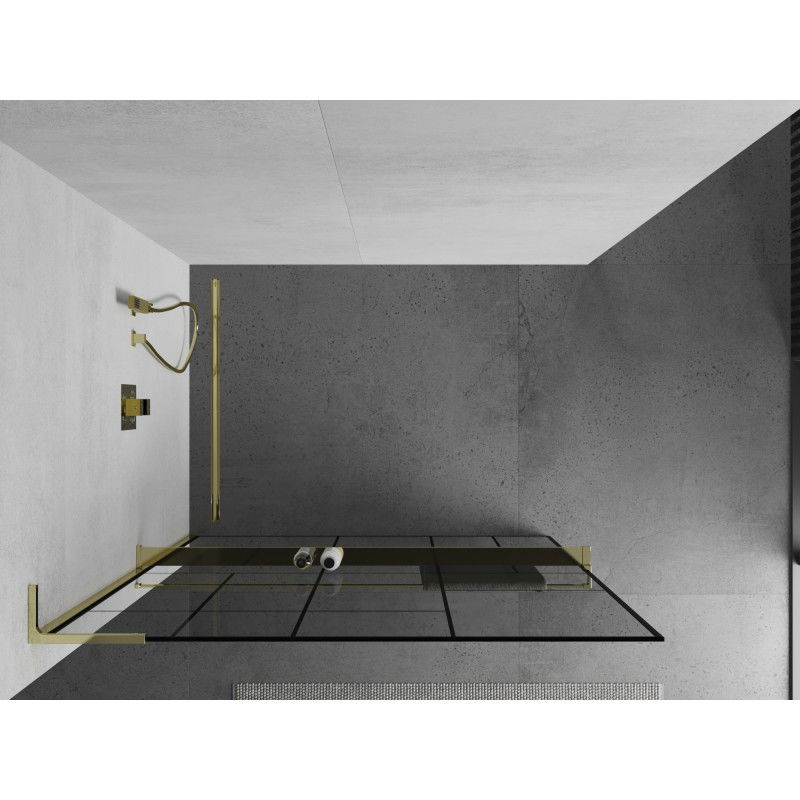 Mexen Kioto+ L Shower Wall with Shelf Walk-in 70 x 200 cm, Black Pattern, Gold - 800-070-123-50-78
