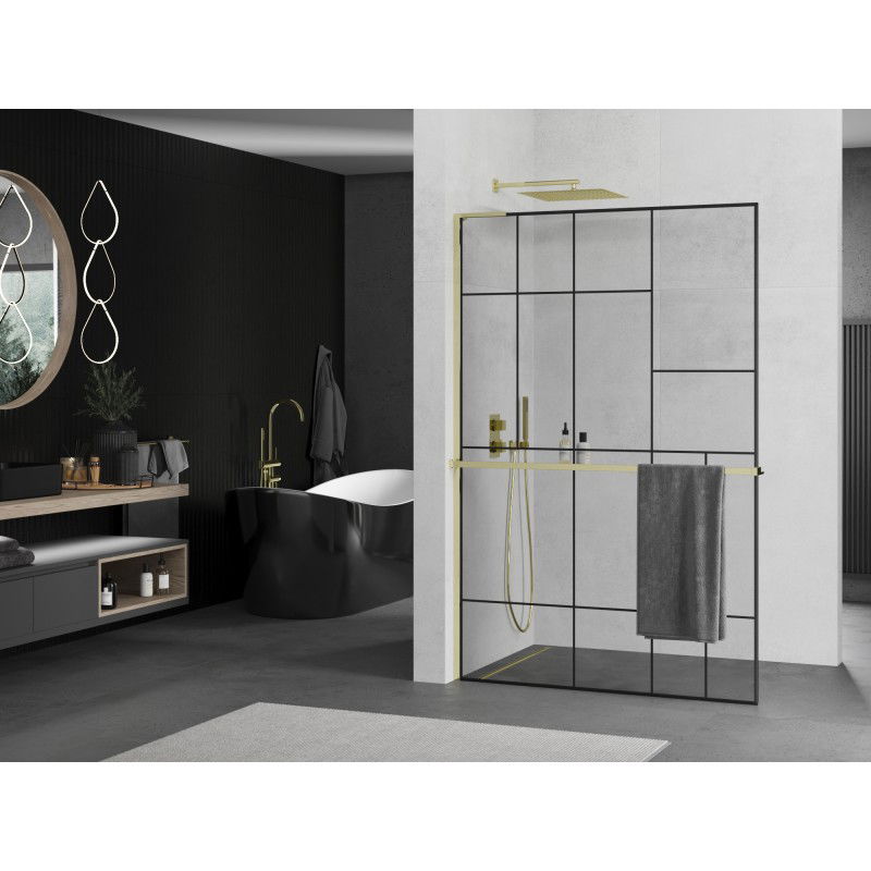 Mexen Kioto+ L Shower Wall with Shelf Walk-in 90 x 200 cm, Black Pattern, Gold - 800-090-123-50-78