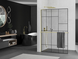 Mexen Kioto+ L shower wall with Walk-in shelf 70 x 200 cm, black pattern, brushed gold - 800-070-123-55-78