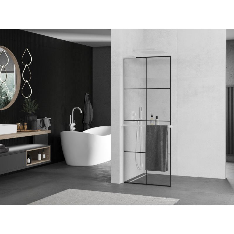 Mexen Kioto+ L shower wall with Walk-in shelf 80 x 200 cm, black grid, white - 800-080-123-20-77