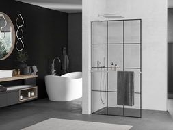 Mexen Kioto+ L Shower Screen with Shelf Walk-in 110 x 200 cm, Black Grid, Chrome - 800-110-123-01-77