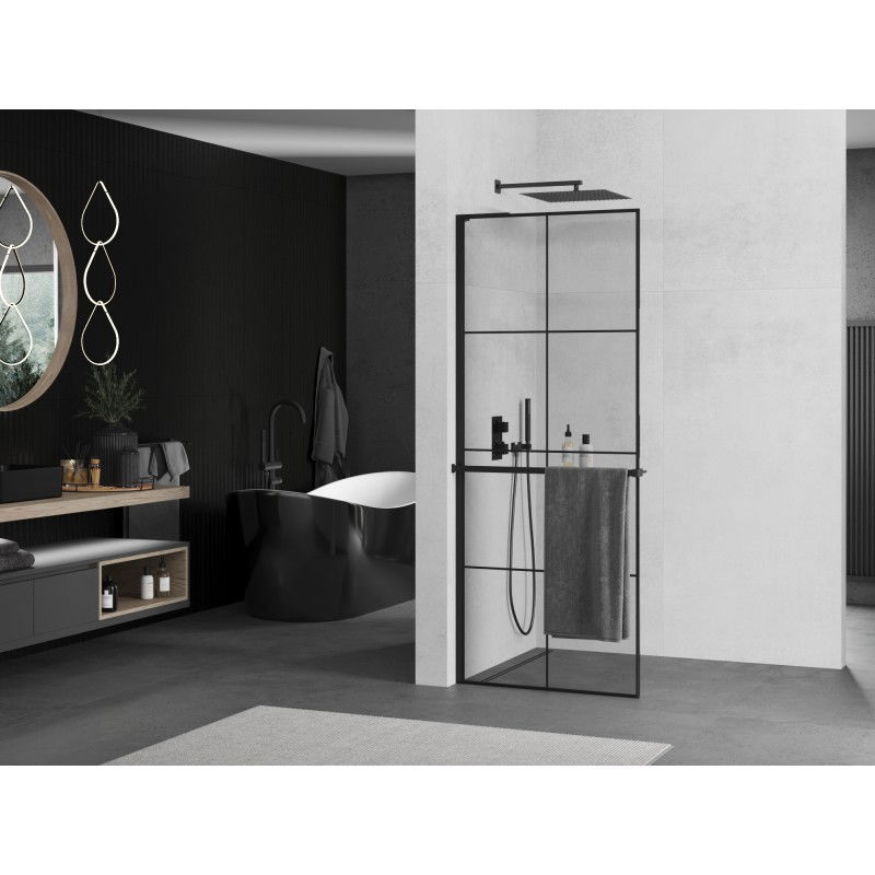 Mexen Kioto+ L shower wall with shelf Walk-in 80 x 200 cm, black grid, black - 800-080-123-70-77