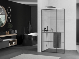 Mexen Kioto+ L Shower Wall with Shelf Walk-in 120 x 200 cm, Black Grid, Gun Gray Brushed - 800-120-123-66-77