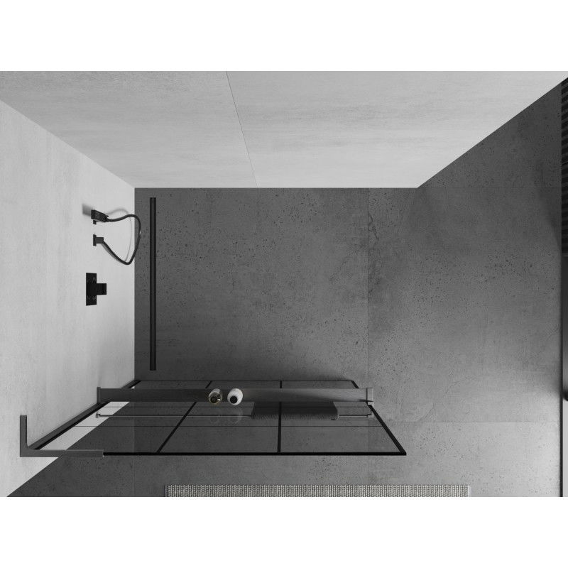 Mexen Kioto+ L Shower Wall with Shelf Walk-in 120 x 200 cm, Black Grid, Gun Gray Brushed - 800-120-123-66-77