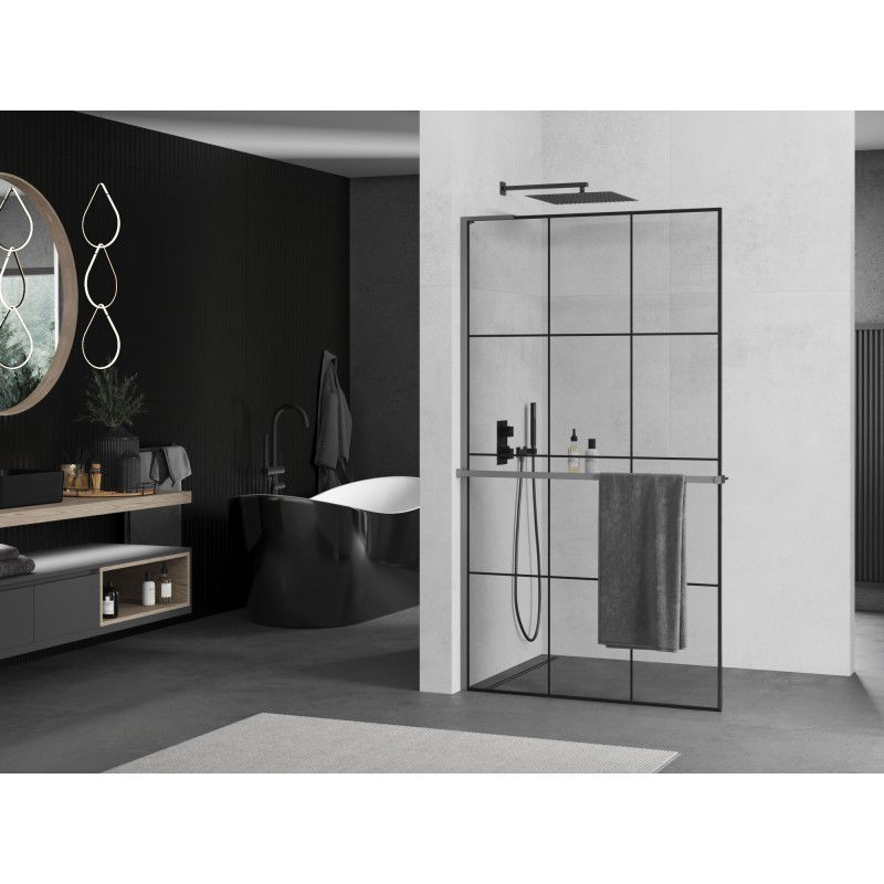 Mexen Kioto+ L shower wall with shelf Walk-in 100 x 200 cm, black grid, gun metal - 800-100-123-95-77